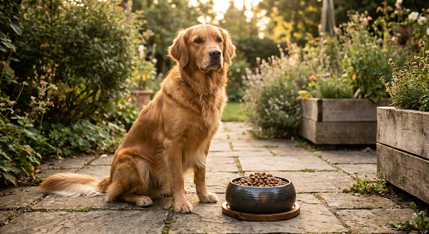 Hundefutter mit Insekten: Gesund & nachhaltig für Ihren Hund? | Pfotenmahl Ein glücklicher und gesunder Hund sitzt vor einem Napf mit Insektenfutter, lächelnd in ländlicher Umgebung mit viel grün