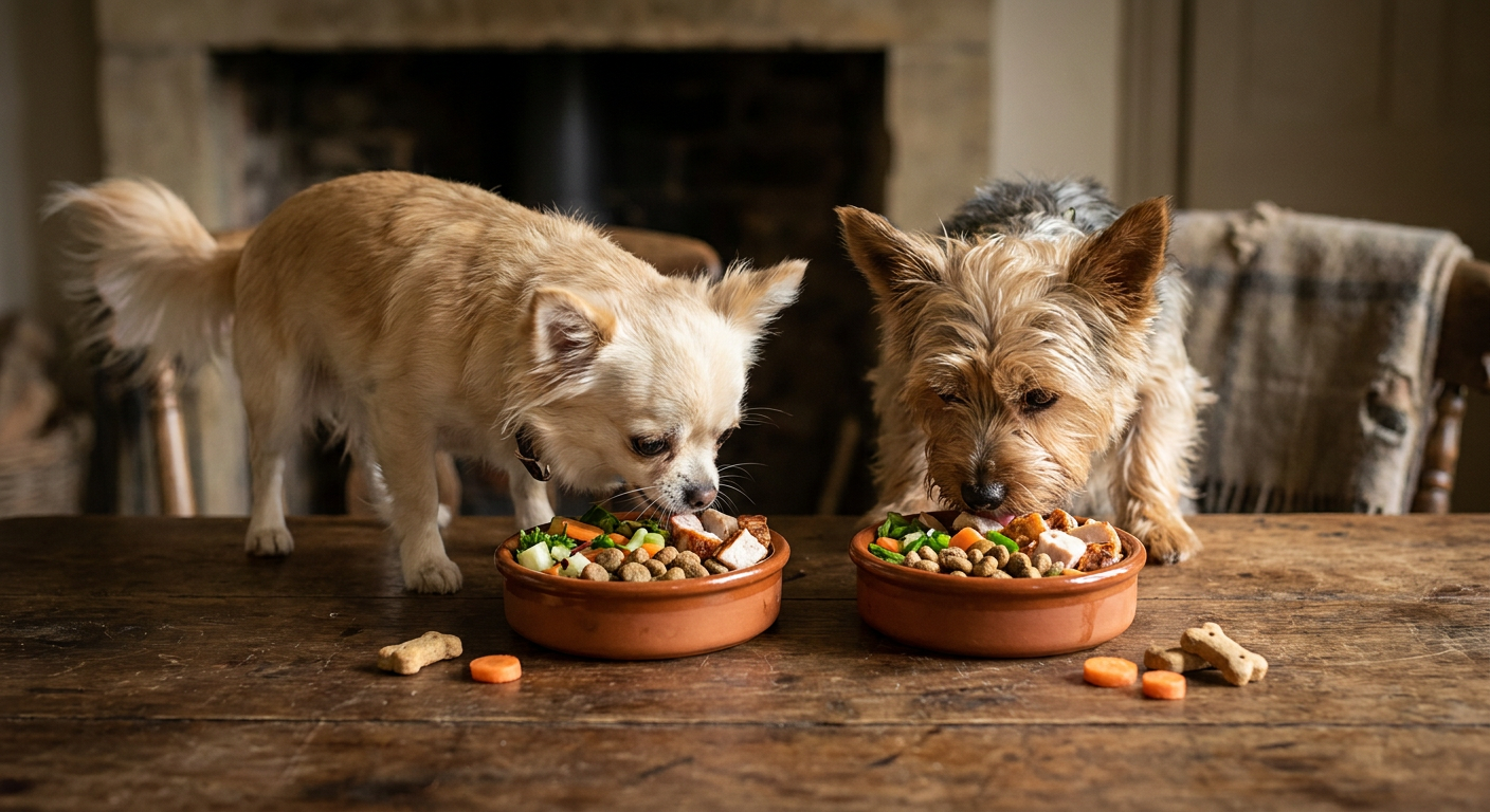 Hundefutter kleine Rasse: Das braucht Ihr kleiner Vierbeiner | Pfotenmahl Infografik: Die besonderen Bedürfnisse kleiner Hunderassen beim Hundefutter, visuell dargestellt mit einem Chihuahua und einem Yorkshire Terrier