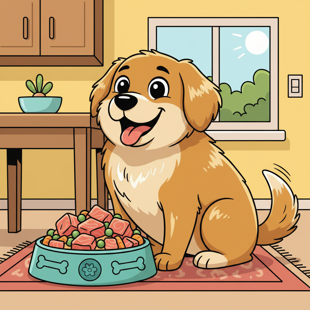Hundefutter mit Lachs: Glänzendes Fell und gesunde Haut | Pfotenmahl Fröhlicher Comic-Hund sitzt neben einem Napf mit gesundem Lachs-Hundefutter, umgeben von Fisch und glänzendem Fell.