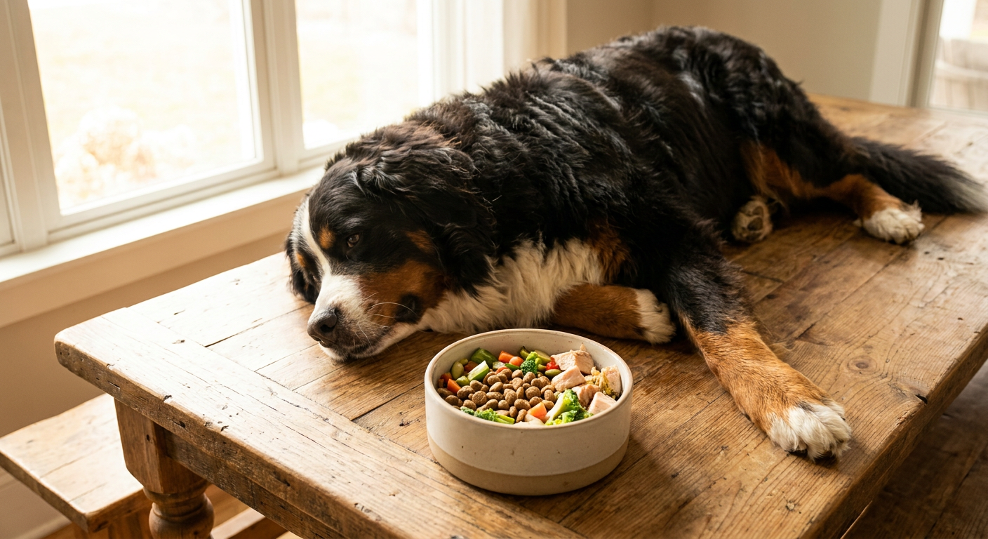 Hundefutter-Mythen aufgedeckt: Wahrheit über die Näpfe! | Pfotenmahl Ein glücklicher und gesunder Berner Sennenhund liegt entspannt neben einem gefüllten Napf mit ausgewogenem Futter. Weiches, natürliches Licht beleuchtet die Szene und unterstreicht die idyllische Atmosphäre.