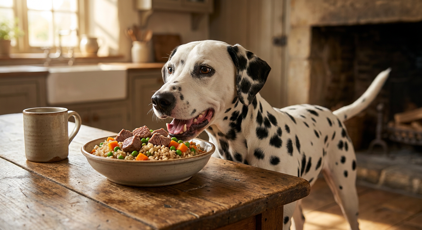 Hundefutter selber machen? Der Weg zum gesunden Napf! | Pfotenmahl Glücklicher Dalmatiner, der aus einer frisch zubereiteten Futterschale mit Gemüse, Fleisch und Reis auf einem Holztisch isst, im Hintergrund eine Küche.