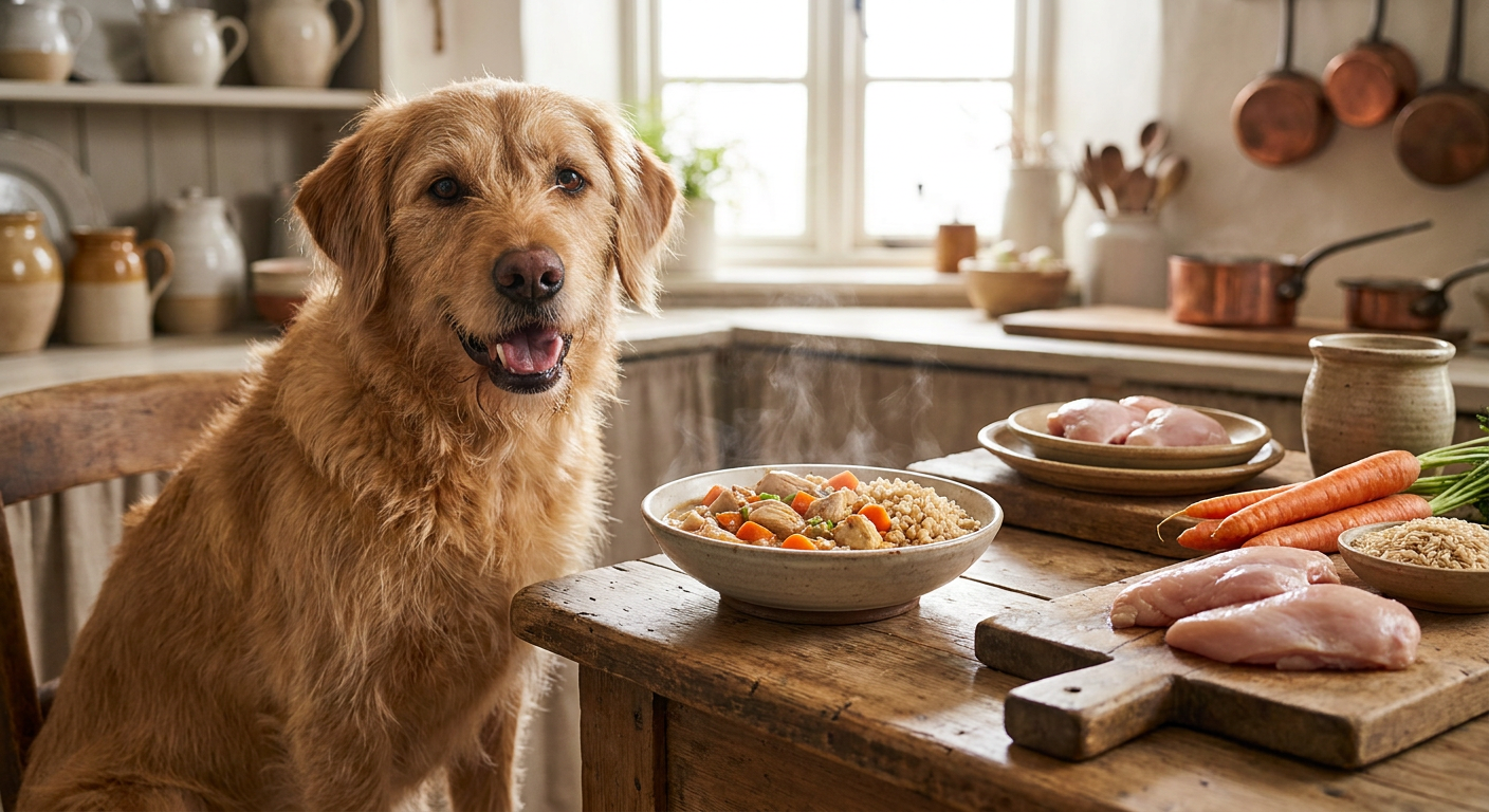 Hundefutter selbst kochen: Gesunde Rezepte & Nährstoffe | Pfotenmahl Infografik: Die wichtigsten Nährstoffe für selbst gekochtes Hundefutter – Proteine, Kohlenhydrate, Fette, Vitamine und Mineralien.