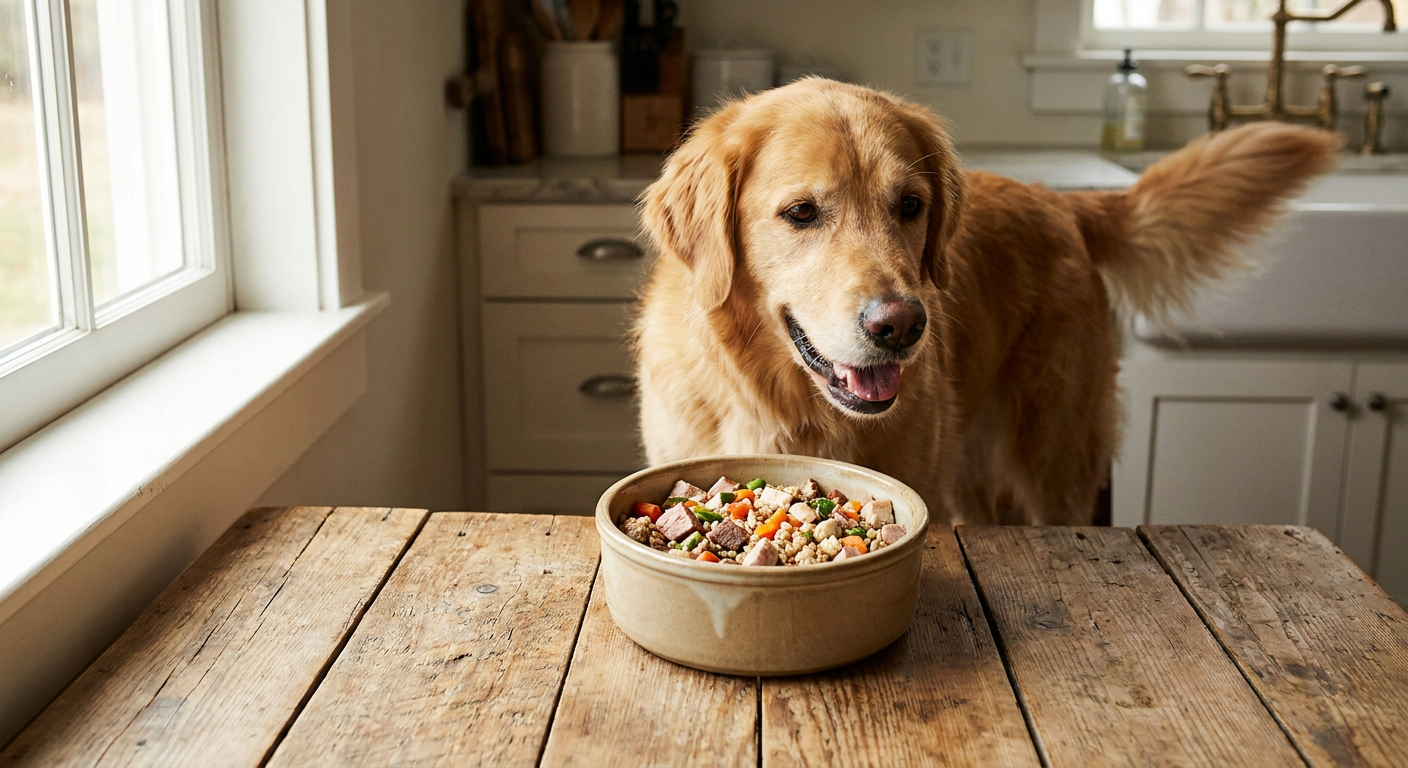 Glücklicher, gesunder Hund frisst selbst zubereitetes Hundefutter aus Keramiknapf auf rustikalem Holztisch. Eine nahrhafte Mahlzeit.