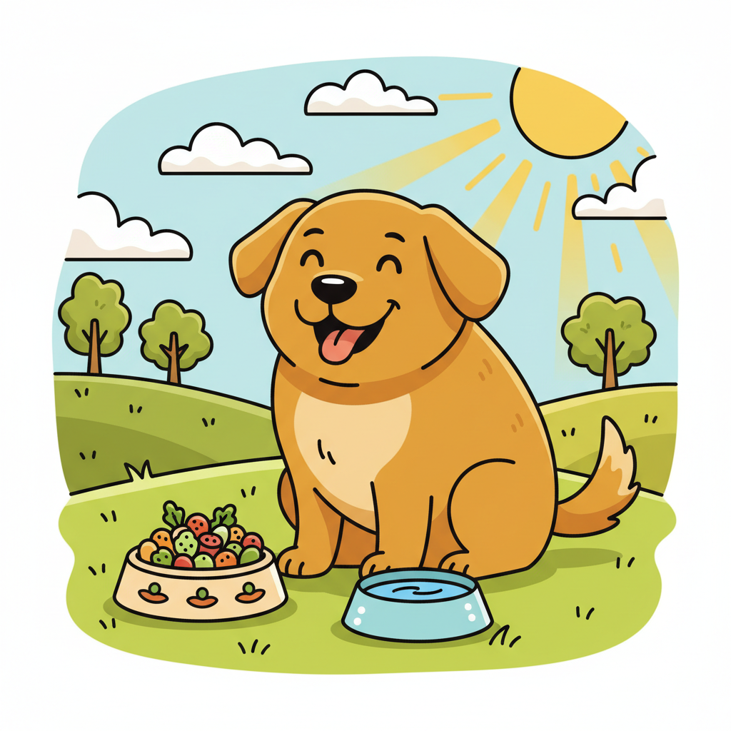 Hundefutter im Sommer: So bleibt dein Hund fit & gesund! | Pfotenmahl Fröhlicher Cartoon-Hund sitzt neben einem Napf mit frischem Futter und einem Wassernapf an einem sonnigen Sommertag.