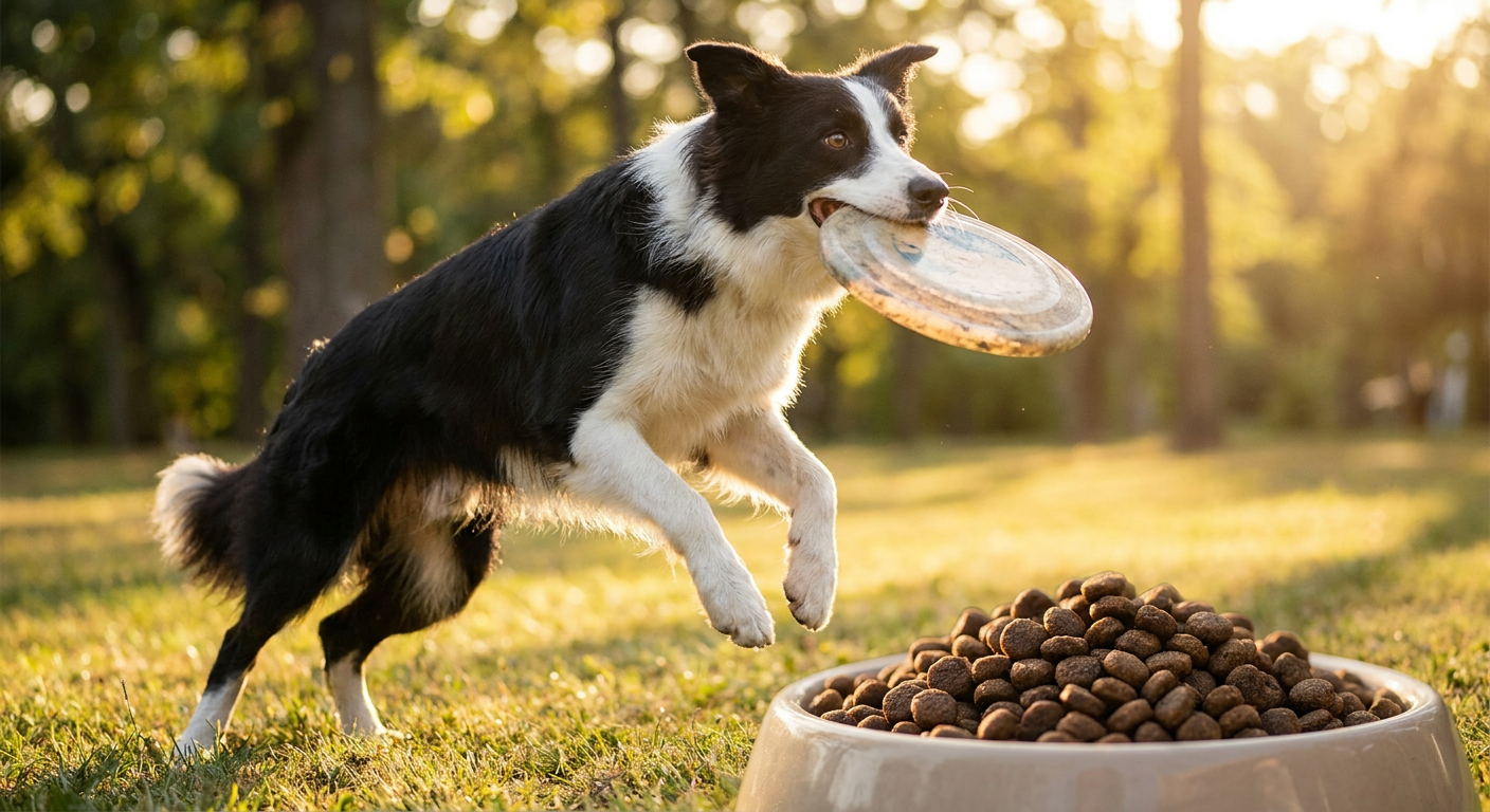 Infografik: Fütterungsplan für aktive Hunde und Sporthunde mit Empfehlungen zu Proteinen, Fetten, Kohlenhydraten, Vitaminen und Mineralstoffen