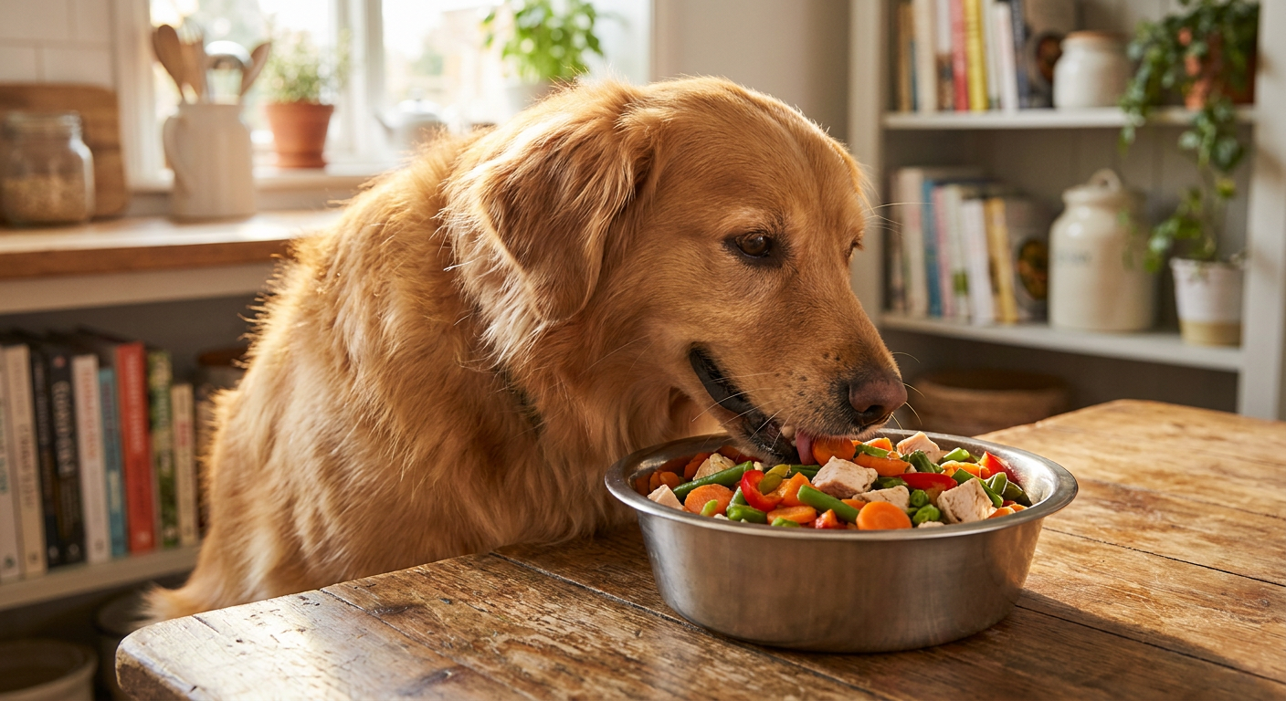 Hundefutter Test: Frisch gekochtes Futter ist top! | Pfotenmahl Infografik: Vorteile von frisch gekochtem Hundefutter gegenüber Trockenfutter, mit einem glücklichen Hund und leuchtenden Farben.