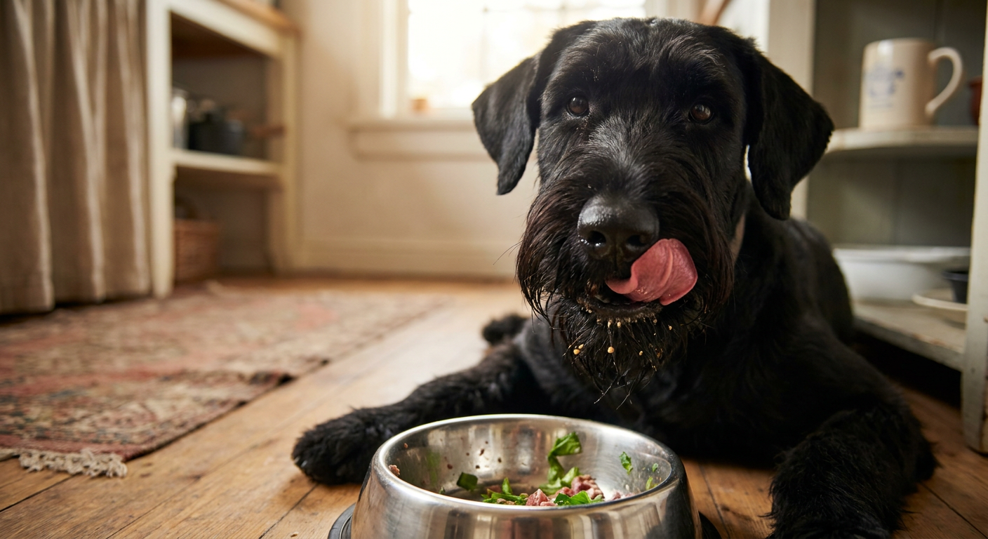 Hundefutter Test: Worauf Sie beim Futterkauf achten sollten | Pfotenmahl Riesenschnauzer mit glänzendem Fell leckt sich das Maul nach einer Mahlzeit aus frischem, gesundem Hundefutter in einem Metallnapf.