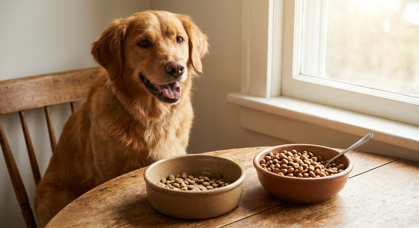 Hundefutter umstellen: Eine Schritt für Schritt Anleitung | Pfotenmahl Ein glücklicher Hund sitzt vor zwei gefüllten Futteraläschen, eines mit altem, eines mit neuem Futter, symbolisiert den Futterwechsel.