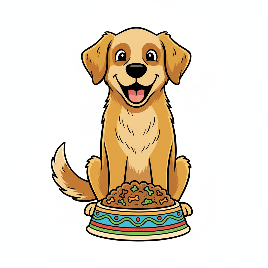 Hundefutter bei Verstopfung: Sanfte Hilfe für den Darm | Pfotenmahl Niedlicher Cartoon-Hund blickt glücklich auf seinen gefüllten Futternapf.