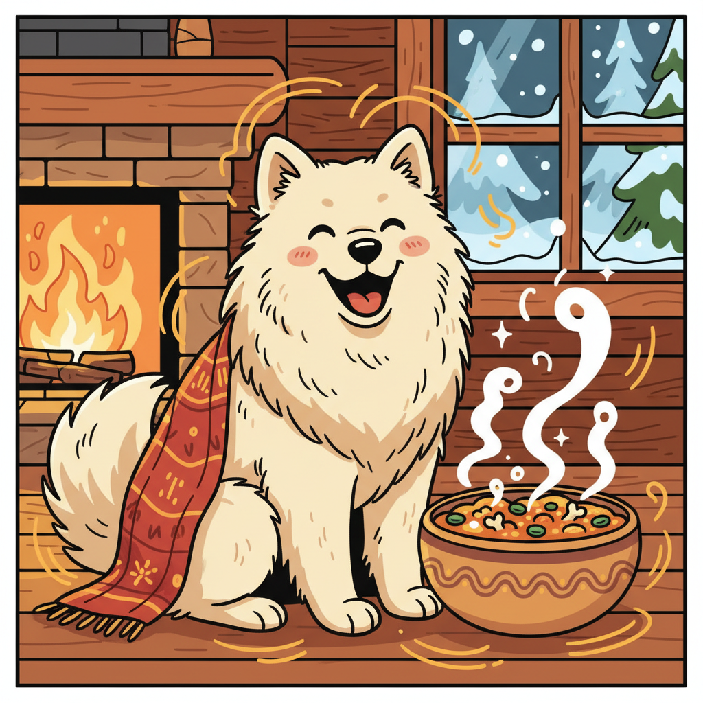 Hundefutter im Winter: So passen Sie den Energiebedarf an | Pfotenmahl Fröhlicher Cartoon-Hund mit dickem Winterfell neben einem gefüllten Futternapf, der Energie und Wärme im Winter symbolisiert