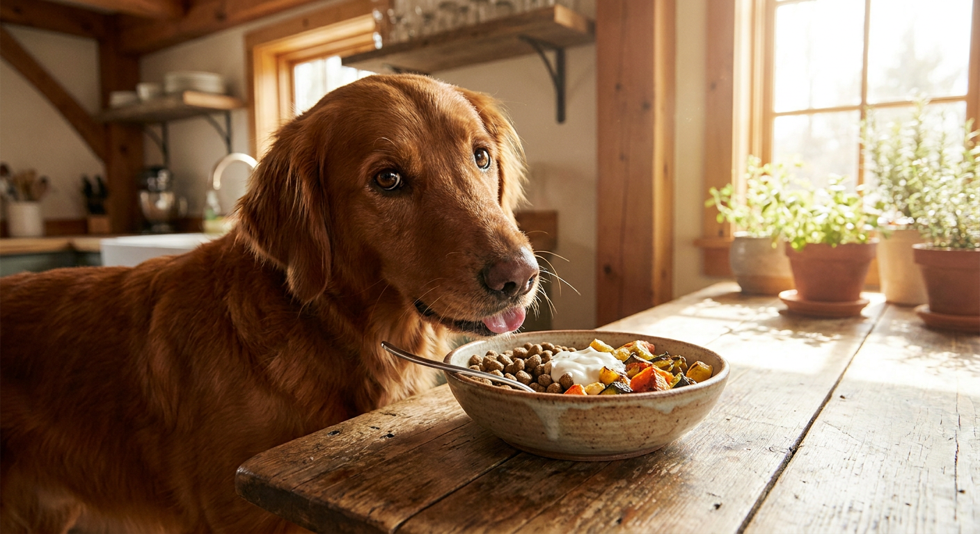 Hundegesundheit & Wohlbefinden: Experten-Tipps von Pfotenmahl | Pfotenmahl Glücklicher, gesunder Hund genießt sein frisches Futter in einer rustikalen Holzküche, umgeben von natürlichem Licht