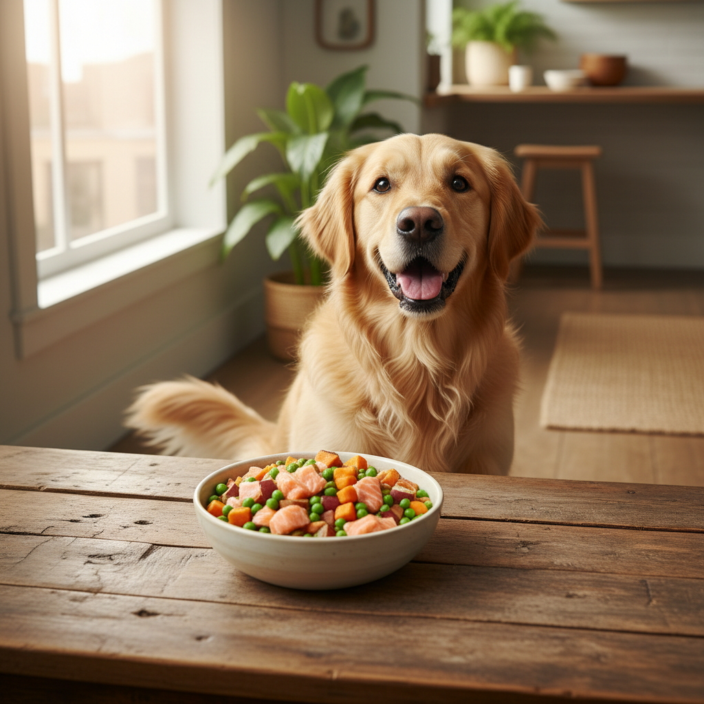 Hypoallergenes Hundefutter: Dein Weg zu Gesundheit! | Pfotenmahl Glücklicher, gesunder Hund frisst entspannt aus einem Napf mit frischem, hypoallergenem Hundefutter auf einem rustikalen Holztisch.