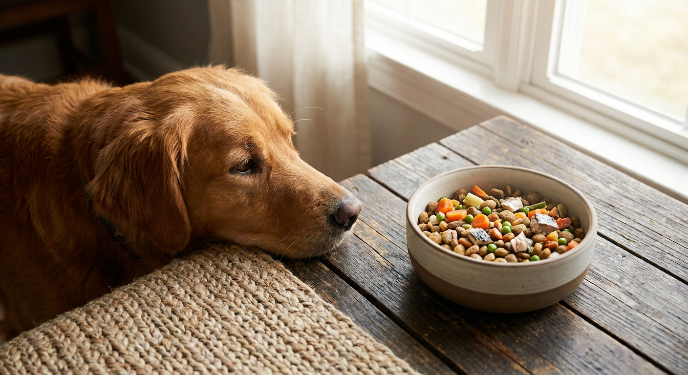 Hypoallergenes Hundefutter: Die beste Wahl für deinen Hund | Pfotenmahl Ruhiger Hund blickt auf eine Schüssel mit hypoallergenem Hundefutter, das mit frischen, gesunden Zutaten gefüllt ist.