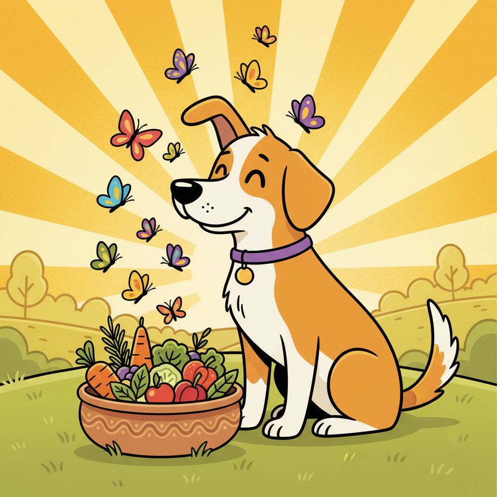 IBD beim Hund: Symptome, Diagnose & Fütterung | Pfotenmahl Fröhlicher Comic-Hund sitzt vor einer Schale mit frischem Futter und Kräutern, umgeben von Schmetterlingen und Sonnenstrahlen, flacher Illustrationsstil.