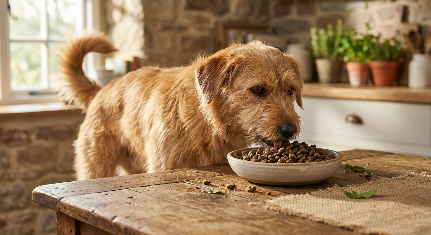 Insektenprotein Hund: Die nachhaltige Proteinquelle? | Pfotenmahl Glücklicher, gesunder Hund frisst aus einem Napf mit Insektenprotein-Hundefutter auf einem rustikalen Holztisch mit weichem, natürlichen Licht.
