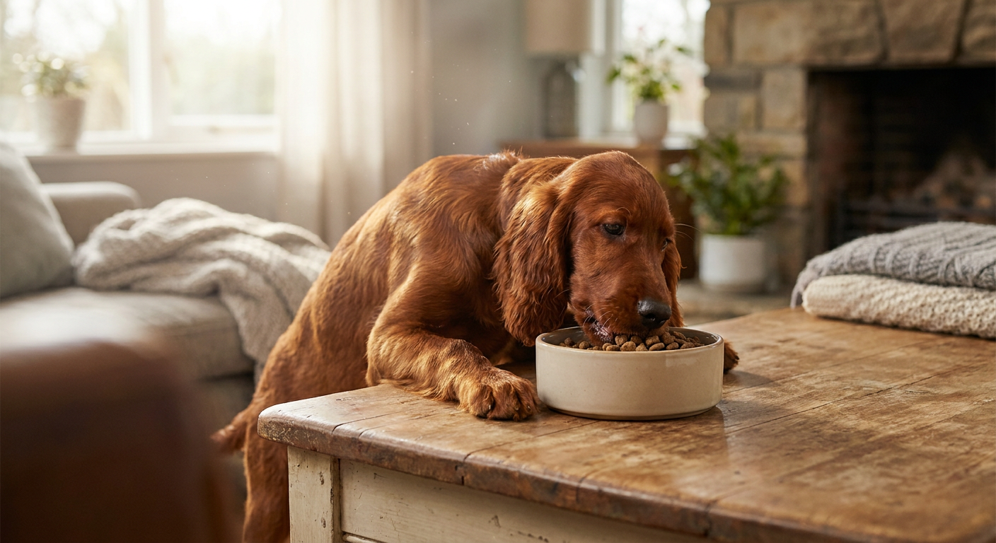 Irish Pure Hundefutter im Test: Das sagen 397 Bewertungen | Pfotenmahl Glücklicher, gesunder Irish Setter Welpe mit glänzendem Fell, der aus einem Napf mit Irish Pure Hundefutter auf einem rustikalen Holztisch frisst. Im Hintergrund verschwommen ein gemütliches Zuhause mit natürlichem Licht.