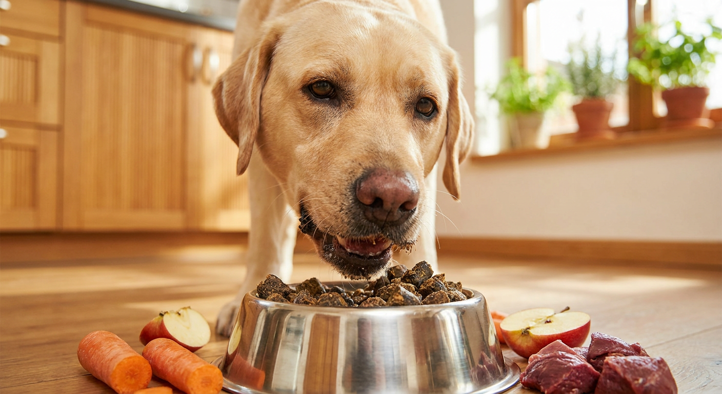 Kaltgepresstes Hundefutter: Vor- & Nachteile im Überblick | Pfotenmahl Nahaufnahme einer glücklichen Labrador-Hündin, die genüsslich ihr kaltgepresstes Hundefutter aus einem Edelstahlnapf frisst, umgeben von frischen Zutaten wie Karotten, Äpfeln und Fleisch vor einer unscharfen, warmen Hintergrundkulisse in einer Küche mit natürlichem Licht.