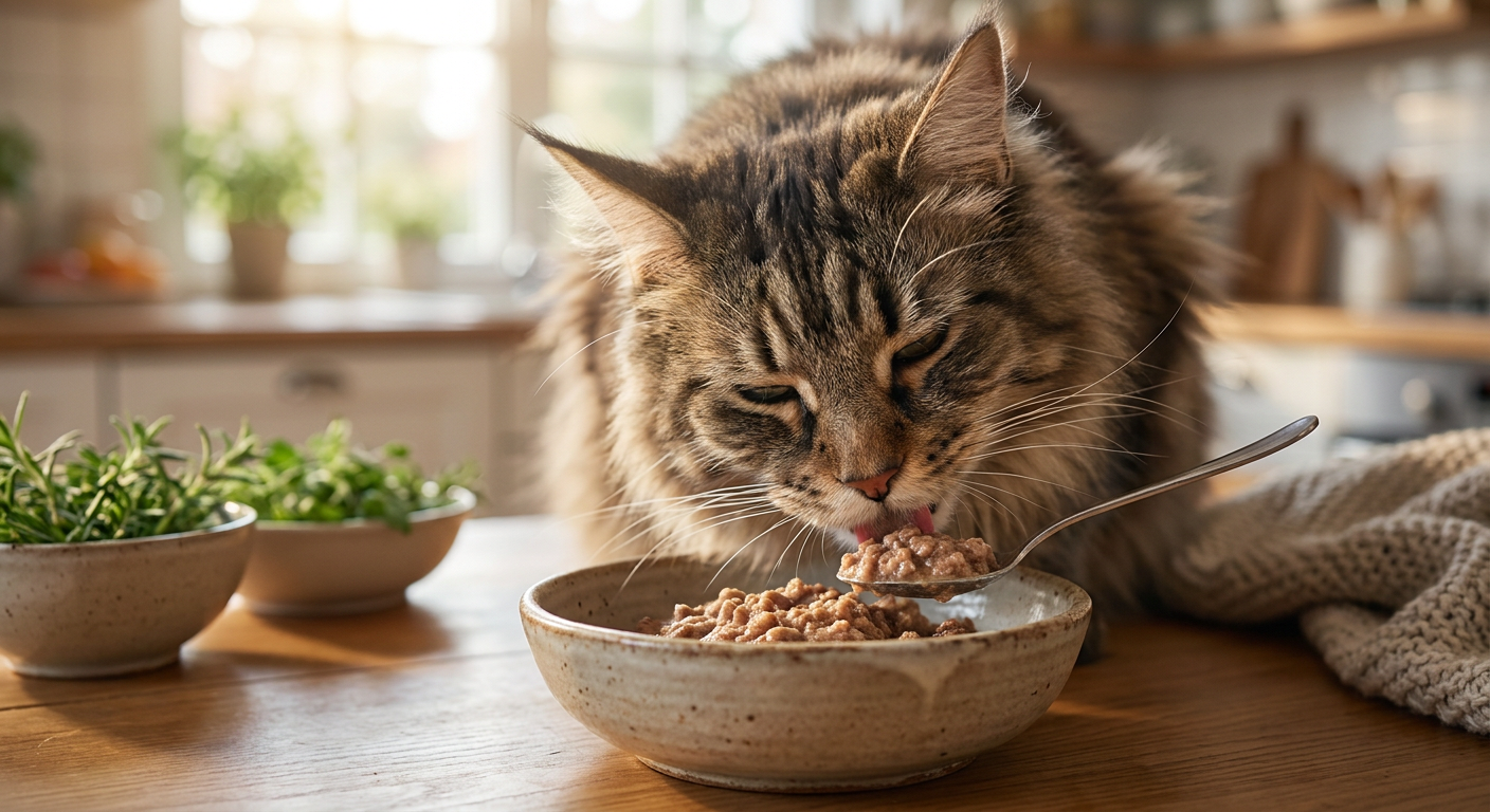 Welches Katzenfutter ist das Beste? Der große Guide | Pfotenmahl Nahaufnahme einer eleganten Katze, die genüsslich ihr Nassfutter aus einem Keramiknapf frisst, mit einem Fokus auf gesunde Ernährung und Wohlbefinden