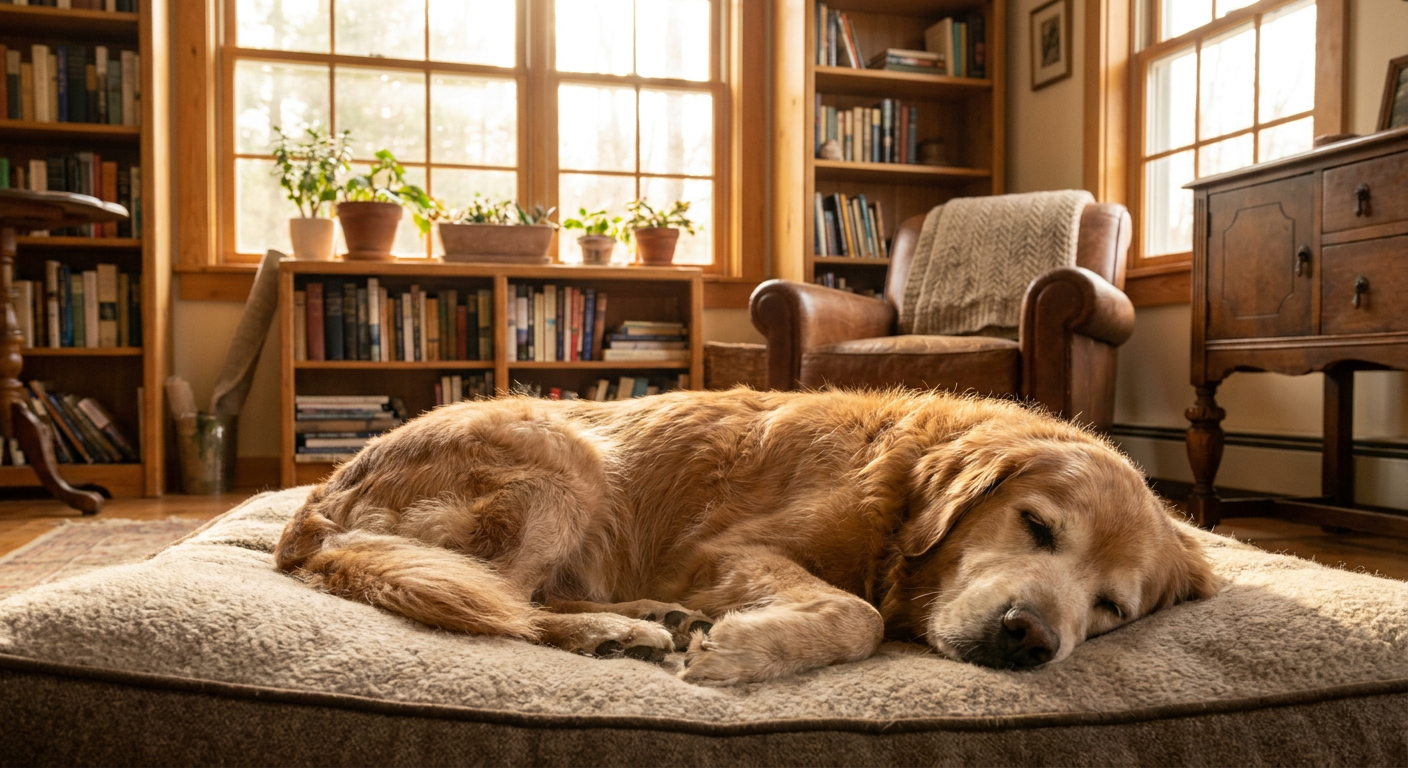 Lebensende Hund: Wenn der Abschied naht | Pfotenmahl Ein älterer, friedlich schlafender Golden Retriever auf einem weichen Hundebett, umgeben von warmem, natürlichem Licht.