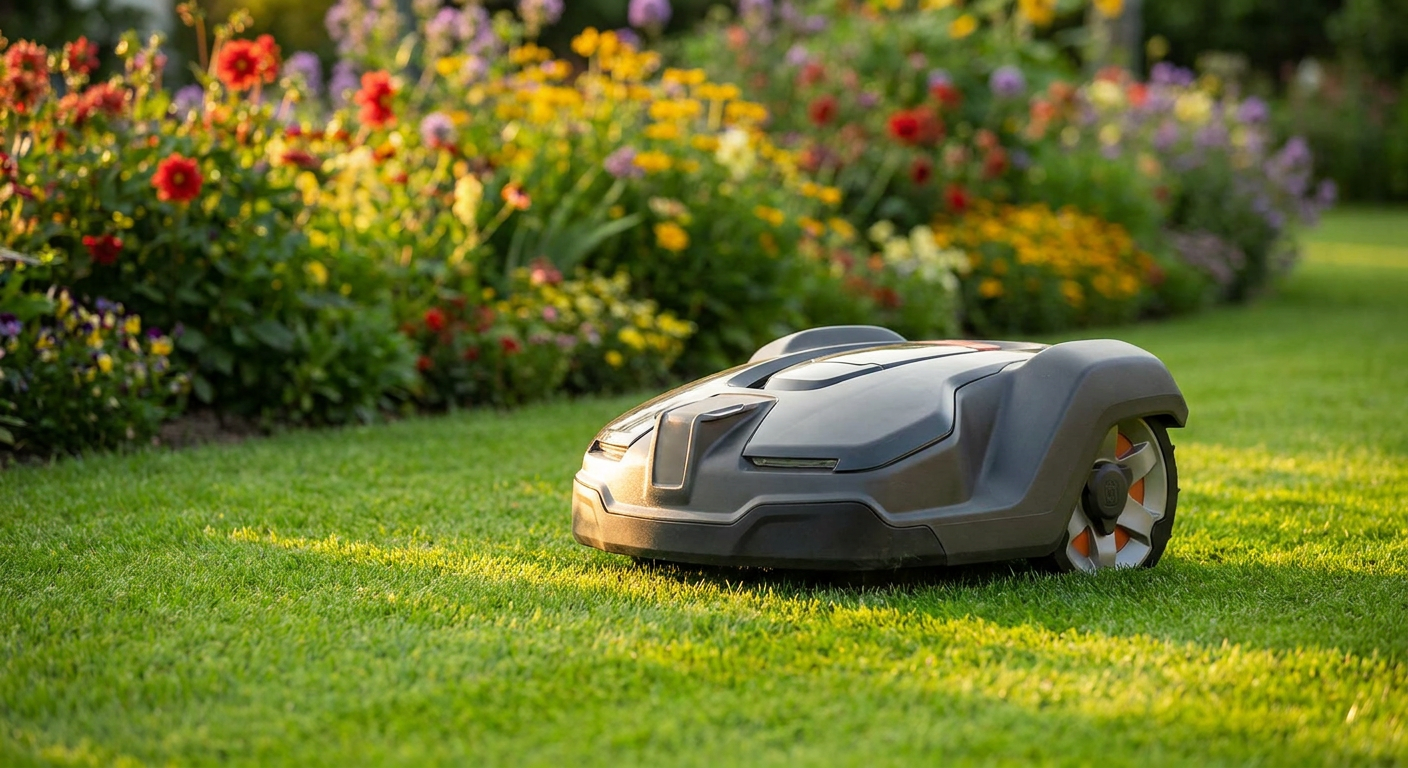 Ein Mähroboter mäht sorgfältig einen grünen Rasen ohne sichtbaren Begrenzungsdraht, im Hintergrund blühen bunte Blumen.