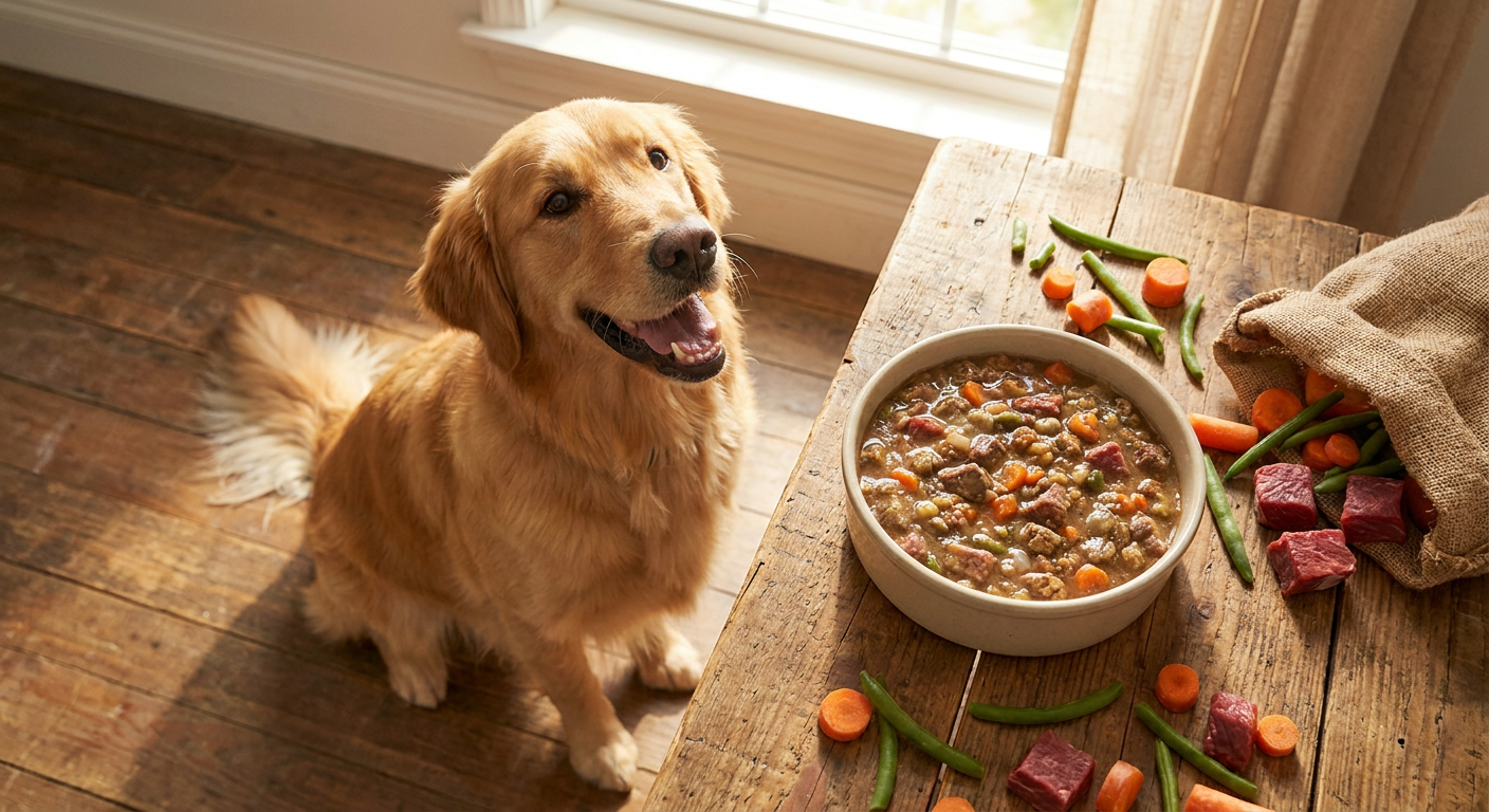 Ein glücklicher Golden Retriever schaut erwartungsvoll in einen Napf mit appetitlichem Nassfutter, umgeben von frischen Zutaten wie Karotten und Fleischstücken auf einem Holztisch.