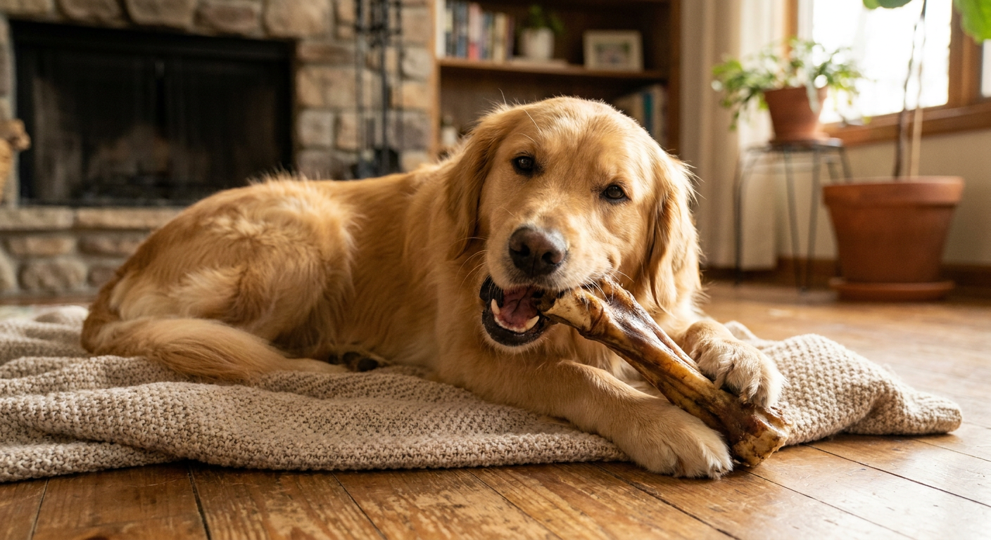 Glücklicher Golden Retriever Welpe kaut genüsslich auf einem natürlichen Kausnack in einem gemütlichen Zuhause mit sanftem Licht.