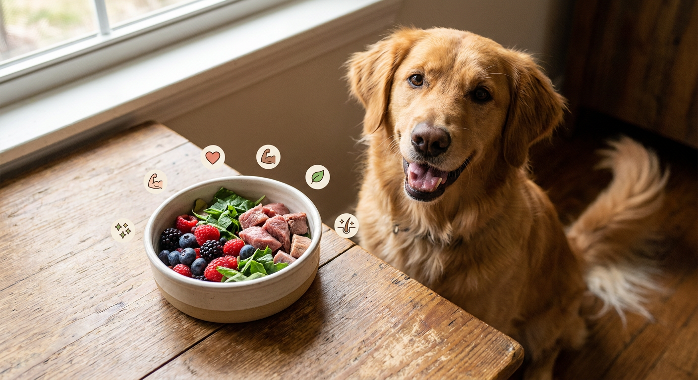 Natürliches Hundefutter: Warum es für deinen Liebling wichtig ist | Pfotenmahl Infografik zu den Vorteilen von natürliches Hundefutter ohne künstliche Zusatzstoffe mit lachendem Hund