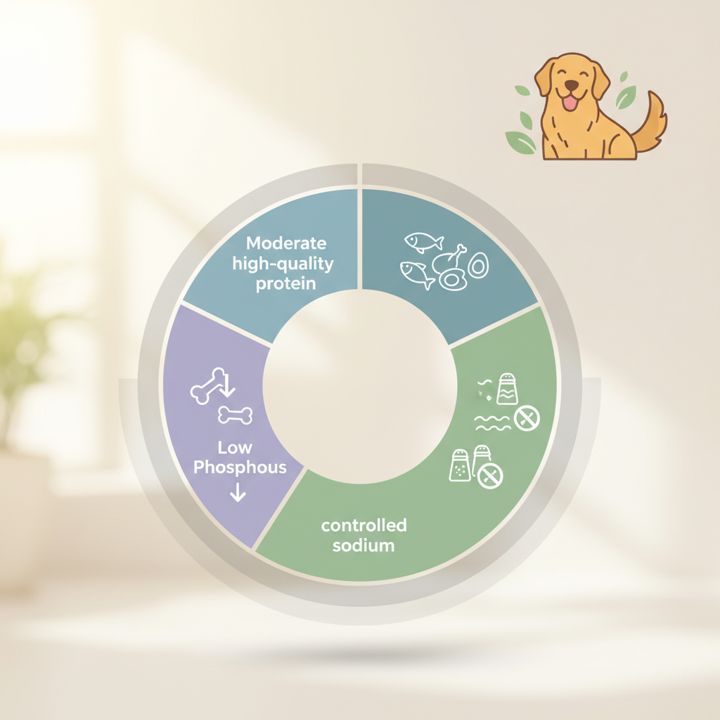 Nierendiät Hund: So füttern Sie richtig bei Nierenproblemen | Pfotenmahl Infografik zur Nierendiät bei Hunden, die die idealen Nährstoffverhältnisse für Phosphor, Protein und Natrium bei Nierenproblemen darstellt
