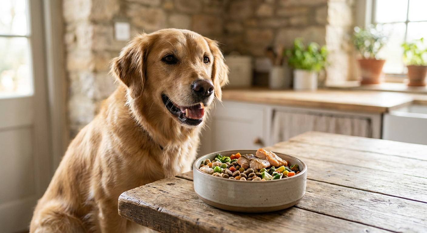Ein glücklicher Hund sitzt vor einer Auswahl an hundefreundlichem Obst und Gemüse, das auf einem rustikalen Holztisch ausgebreitet ist.