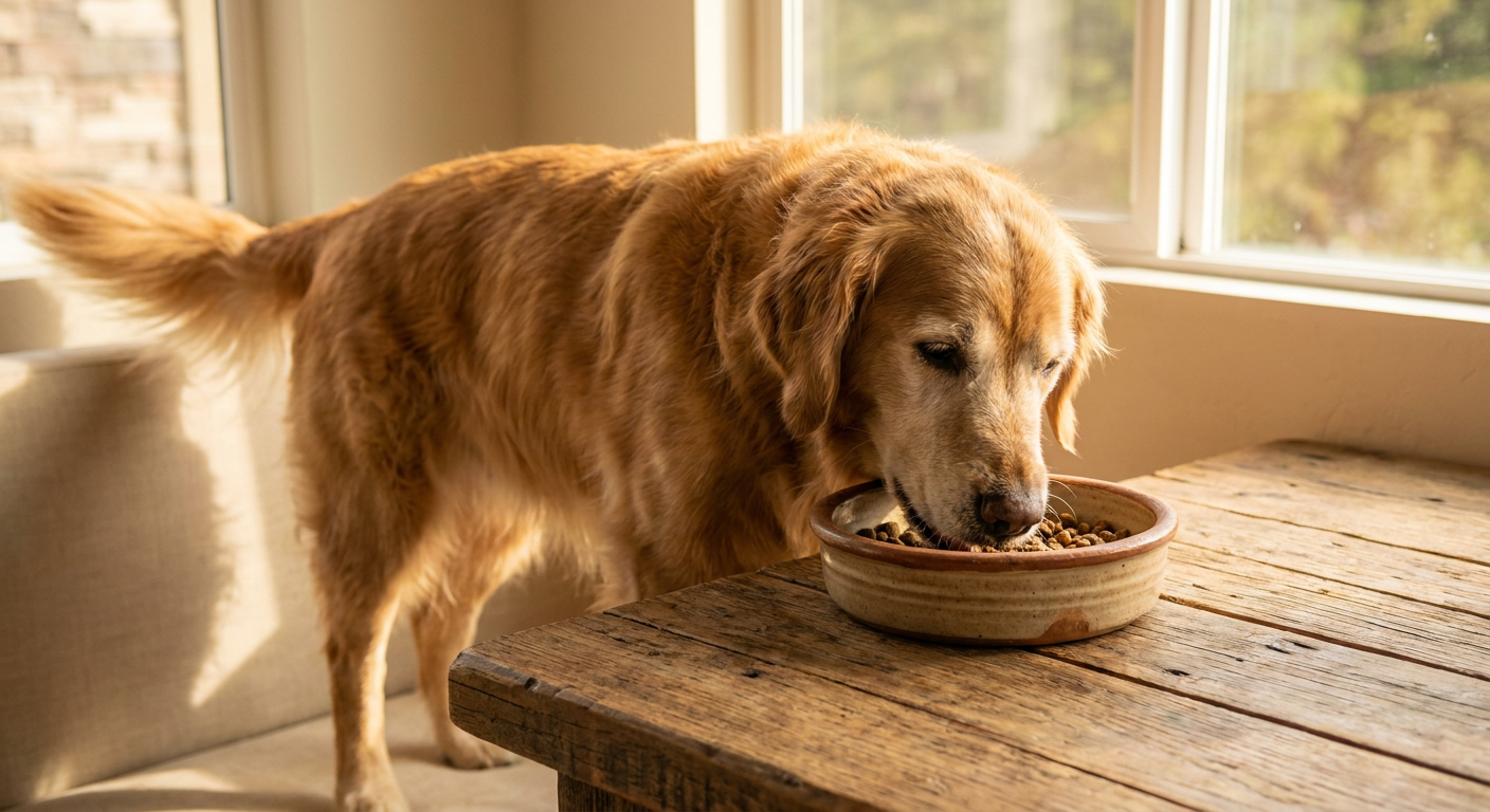 Omega 3 Hund: essenzielle Fettsäuren für ein gesundes Hundeleben | Pfotenmahl Glücklicher, gesunder Hund verschiedener Rasse (z.B. Golden Retriever oder Beagle) genießt sein Futter aus einem Napf, auf einem rustikalen Holztisch mit Sonnenlicht.