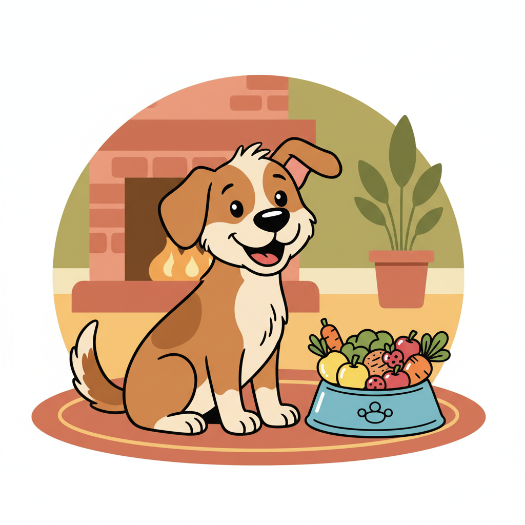 Dein Hund: So erstellst du den persönlichen Futterplan | Pfotenmahl Fröhlicher Comic-Hund sitzt neben einem Napf mit frischem, gesundem Futter und leckt sich das Maul. Ideal für einen persönlichen Futterplan.