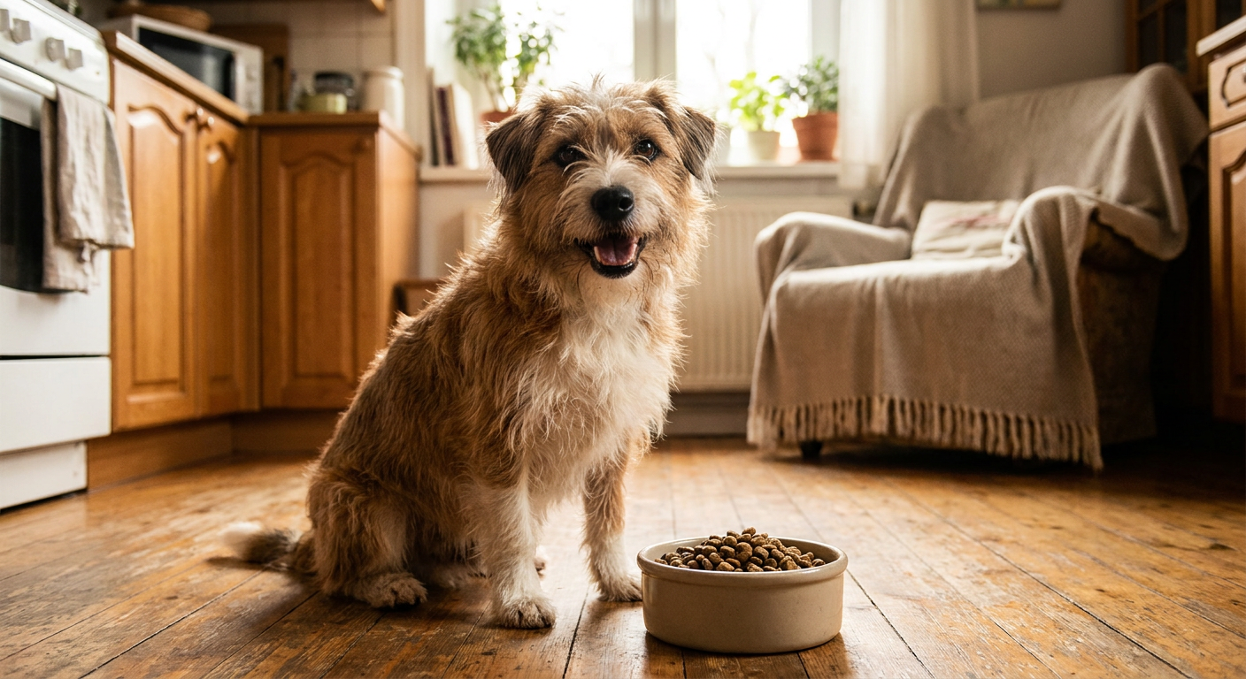 Preiswertes Hundefutter: Günstig und gut für treue Vierbeiner | Pfotenmahl Ein glücklicher, gesunder Terrier-Mischling sitzt neben einem Napf mit Trockenfutter und schaut erwartungsvoll. Im Hintergrund eine gemütliche Wohnküche, weiches Licht