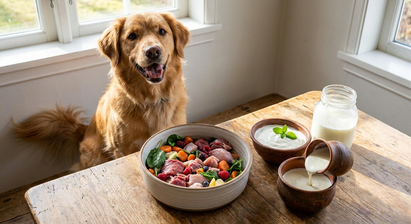 Probiotika für Hunde: Sinnvoll oder nur Marketing? | Pfotenmahl Glücklicher, gesunder Hund frisst aus dem Napf, daneben stehen Yoguhrt und Kefir als Probiotika. Natürliches Licht.