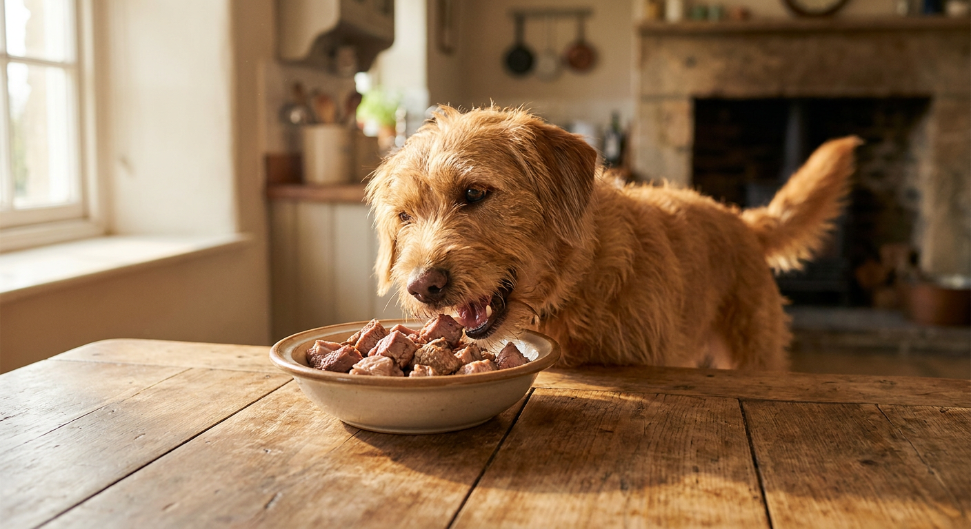 Purer Fleischgenuss für deinen Hund: Lucky erklärt! | Pfotenmahl Glücklicher, gesunder Hund frisst genüsslich aus einem Napf mit purem Fleischfutter Lucky auf rustikalem Holztisch