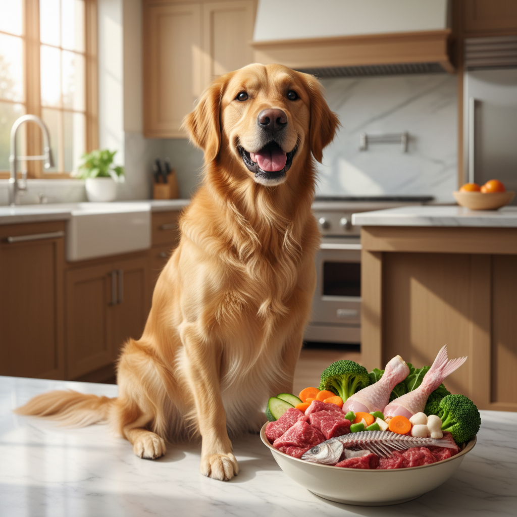 Raw Feeding für Hunde: Wie gesund ist der TikTok-Trend? | Pfotenmahl Ein glücklicher und gesunder Hund sitzt vor einer Schüssel mit frischem Rohfutter, bestehend aus Fleisch, Knochen und Gemüse, in einer modernen Küche.