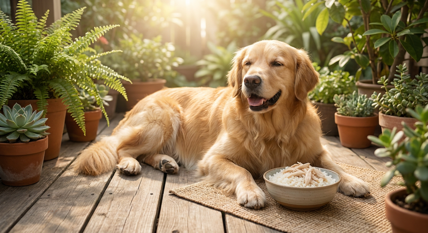 Schonkost für Hunde: Wann und wie Sie Ihrem Liebling helfen | Pfotenmahl Ein lächelnder, gesunder golden Retriever liegt entspannt auf einer rustikalen Holzterrasse neben einer Schale mit Hühnchen und Reis-Schonkost, umgeben von weichem, natürlichem Licht und grünen Pflanzen. Fokus auf das Wohlbefinden des Hundes.