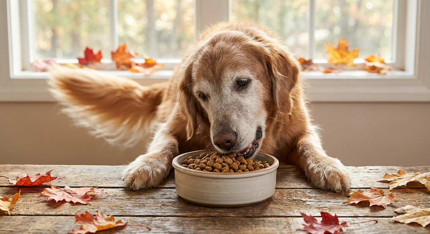 Seniorenfutter für Hunde: Optimale Ernährung im Alter | Pfotenmahl Nahaufnahme eines glücklichen, älteren Golden Retrievers, der zufrieden aus einem Napf mit seniorenfreundlichem Hundefutter frisst, umgeben von herbstlichen Blättern.