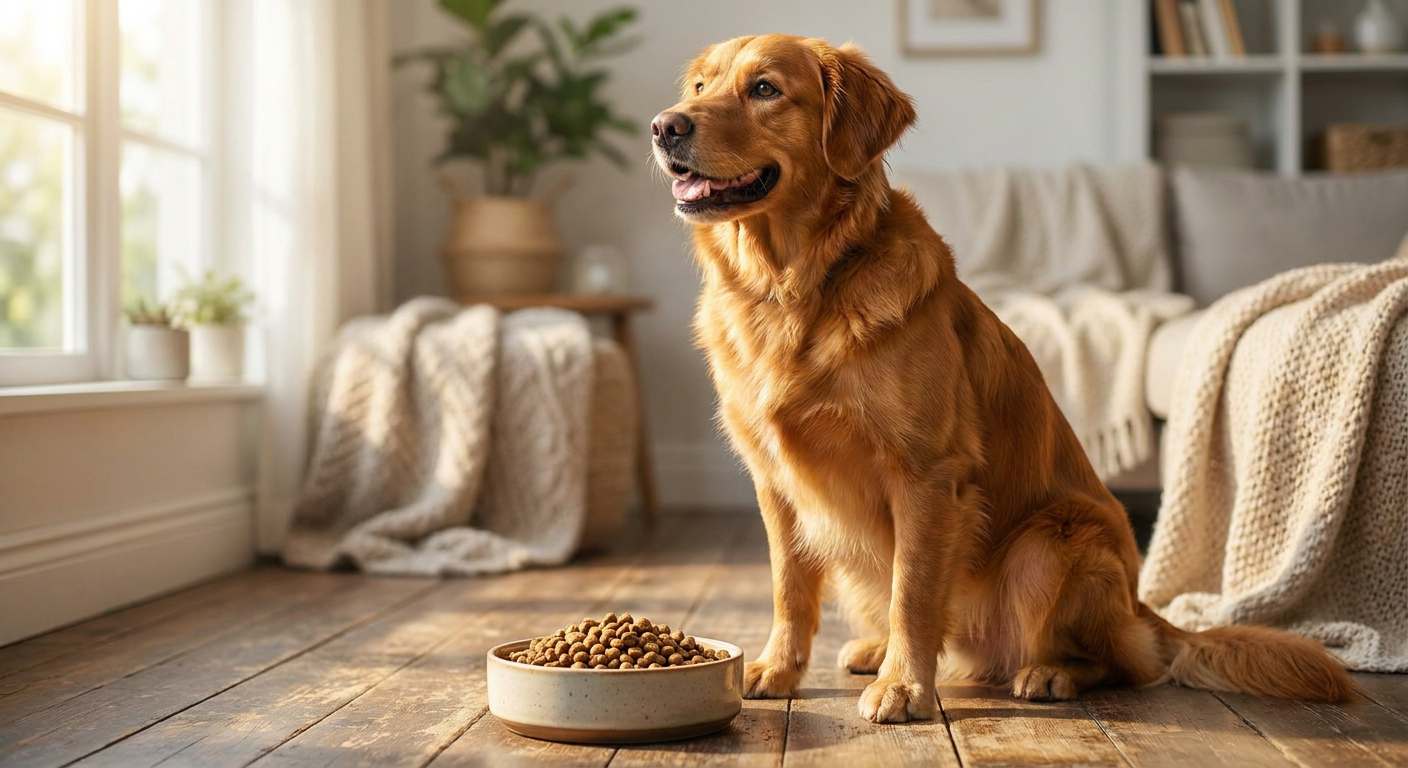 Sensible Hunde: Spezielles Futter für besondere Bedürfnisse | Pfotenmahl Ein glücklicher und gesunder Hund sitzt vor einem Napf mit Trockenfutter und schaut aufmerksam zur Seite, in einem hellen, natürlichen Ambiente.