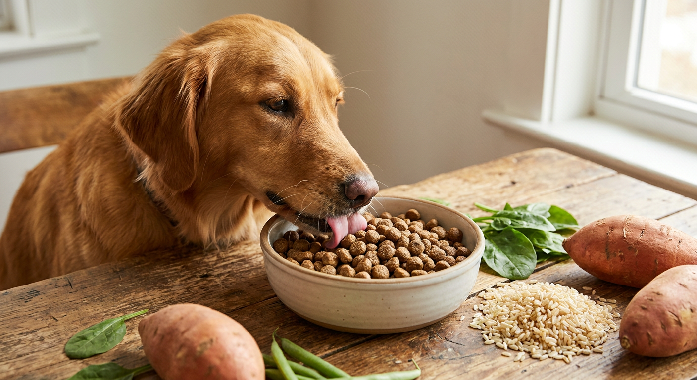 Sensitives Hundefutter: Hilfe für empfindliche Mägen | Pfotenmahl Nahaufnahme eines entspannten Hundes, der aus einem Napf mit sensitivem Hundefutter frisst, umgeben von natürlichen Zutaten wie Süßkartoffeln und Reis.