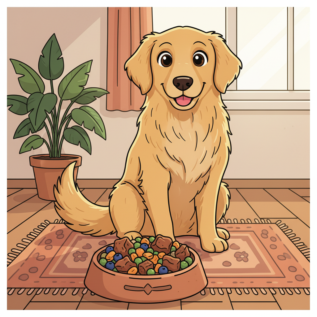 Single Protein Hundefutter: Die clevere Wahl für deinen Hund | Pfotenmahl Fröhlicher Cartoon-Hund mit einem Napf voller Single Protein Hundefutter, dargestellt in einem Comic-Stil.