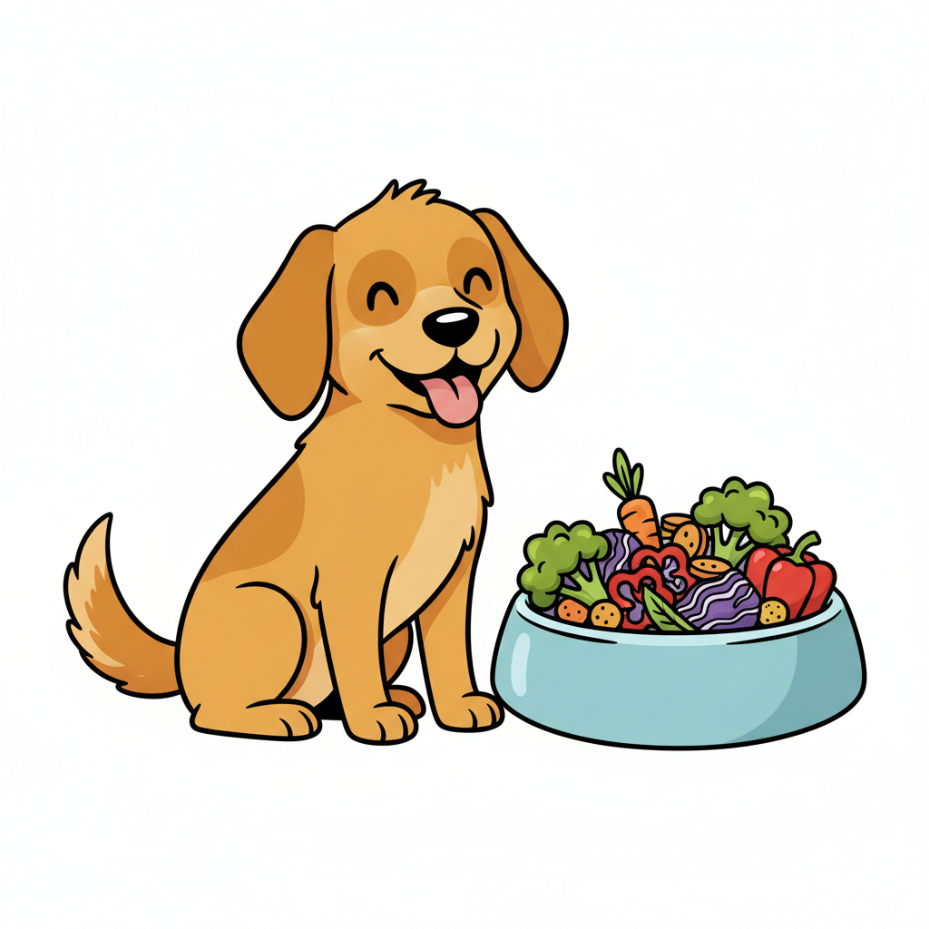 Super Premium Hundefutter: Gesunde Ernährung | Pfotenmahl Fröhlicher Comic-Hund schaut begeistert in einen gefüllten Napf mit frischem Futter