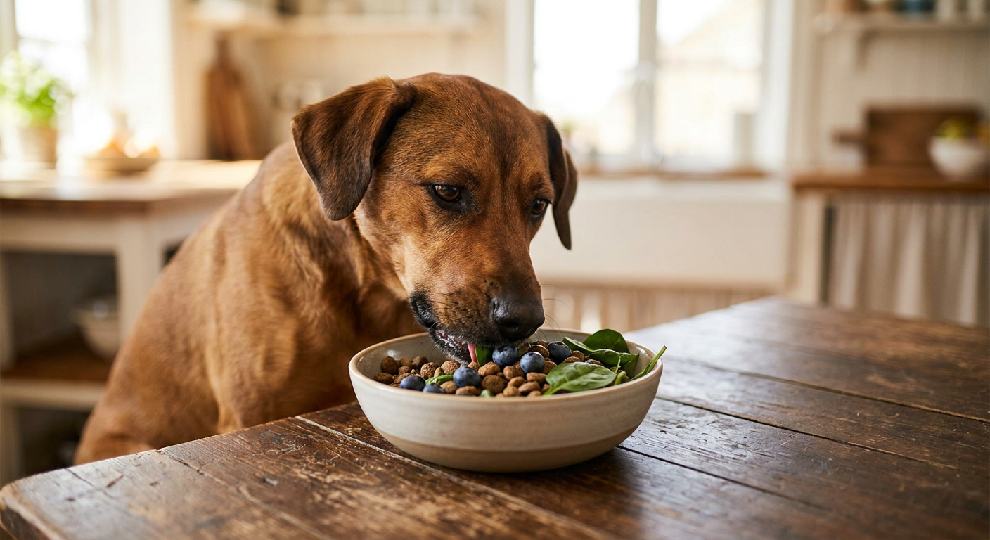 Superfoods für Hunde: Vitamin C & Antioxidantien Power | Pfotenmahl Glücklicher, gesunder Hund, der eine Schale mit frischem Futter mit Heidelbeeren und Spinat auf einem rustikalen Holztisch frisst, sanftes natürliches Licht
