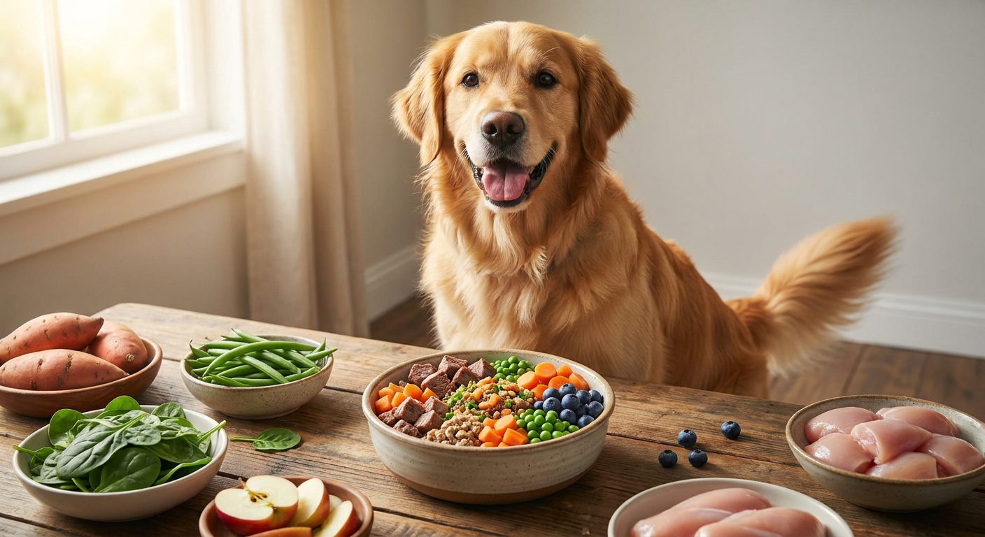 Ein glücklicher Hund sitzt vor einer Schüssel mit frischem, gesundem Hundefutter, umgeben von natürlichen Zutaten wie Gemüse und Fleischstücken.