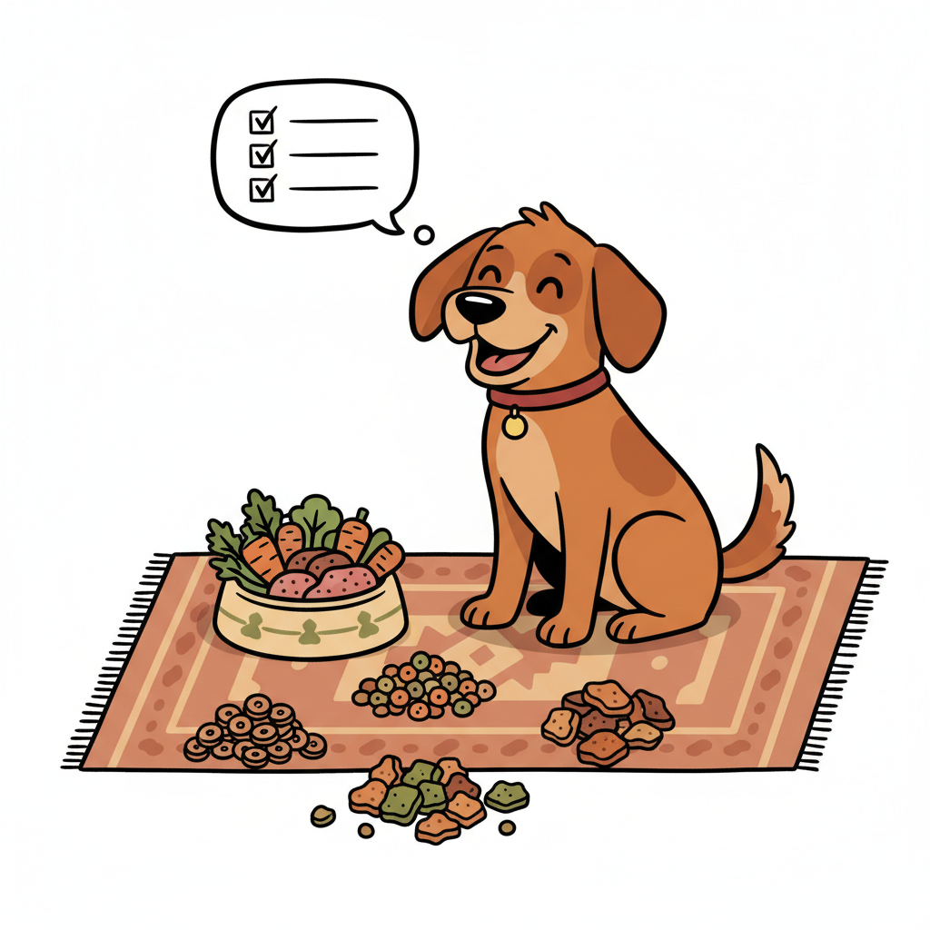 TrockenBARF Vergleich: 10 Kriterien für bestes Hundefutter | Pfotenmahl Fröhlicher Cartoon-Hund sitzt neben einem Napf mit TrockenBARF, während er verschiedene Futtersorten kritisch begutachtet, illustriert im Comic-Stil.