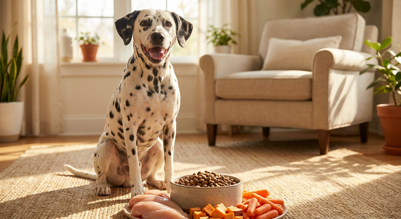 Trockenfutter für Hunde: Ist es wirklich so schlecht? | Pfotenmahl Glücklicher Dalmatiner-Mischling sitzt vor einem Napf mit hochwertigem Trockenfutter, umgeben von frischen, gesunden Zutaten wie Huhn, Süßkartoffeln und Karotten. Sonniges Wohnzimmer, Warme Atmosphäre.