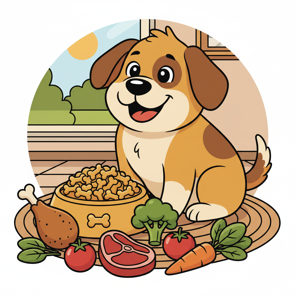Trockenfutter für Hunde: Der umfassende Ratgeber zur Auswahl | Pfotenmahl Fröhlicher Comic-Hund sitzt vor einem Napf mit Trockenfutter, umgeben von gesunden Zutaten wie Fleisch und Gemüse. Illustration.