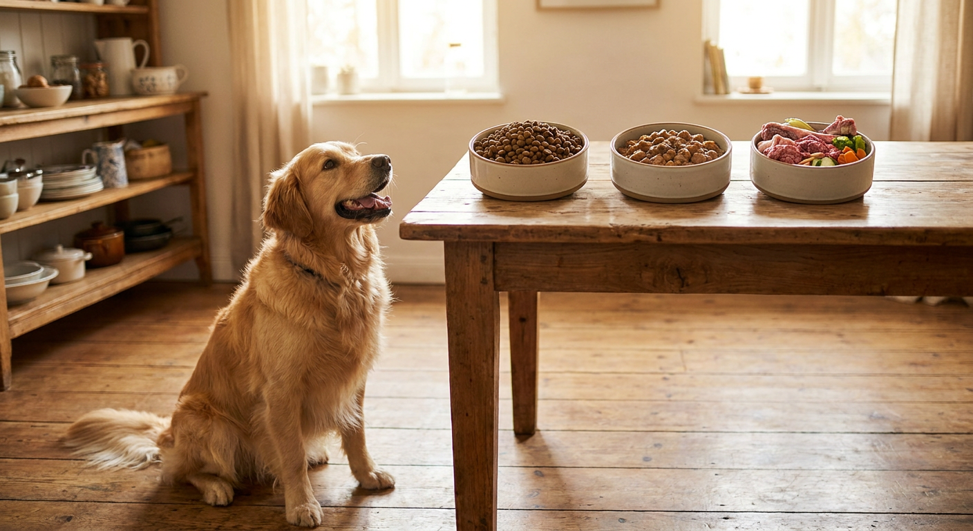 Trocken- oder Nassfutter? Welches Futter ist das Beste? | Pfotenmahl Umfassende Infografik, welche die Vor- und Nachteile von Trockenfutter, Nassfutter und BARF für Hunde vergleicht, mit Fokus auf Nährstoffe, Handhabung und Gesundheit.