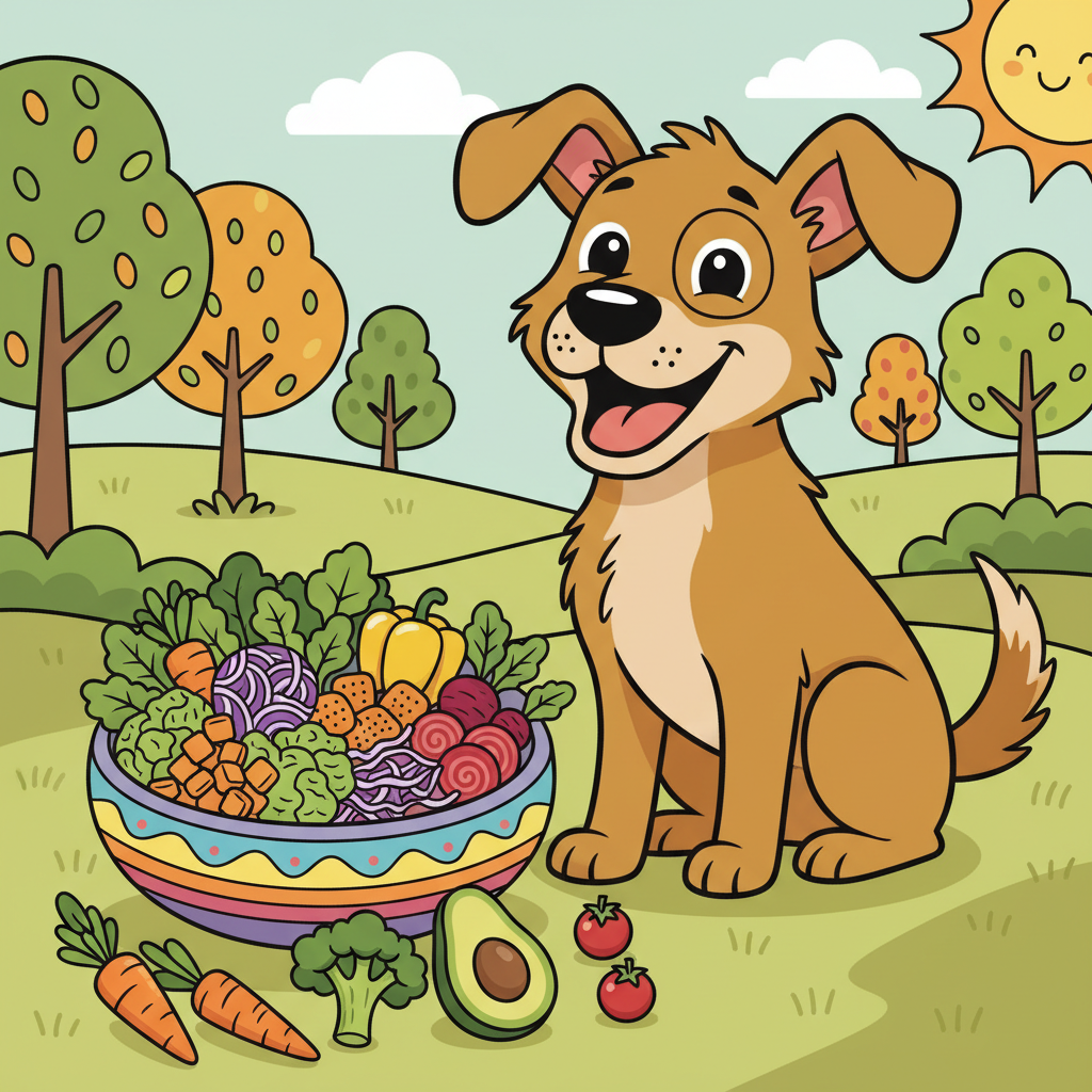 Vegane Hundeernährung: Ein Leitfaden für Hundebesitzer | Pfotenmahl Fröhlicher Comic-Hund sitzt neben einer farbenfrohen Schale mit frischem, pflanzlichem Futter, daneben leuchtendes Gemüse.