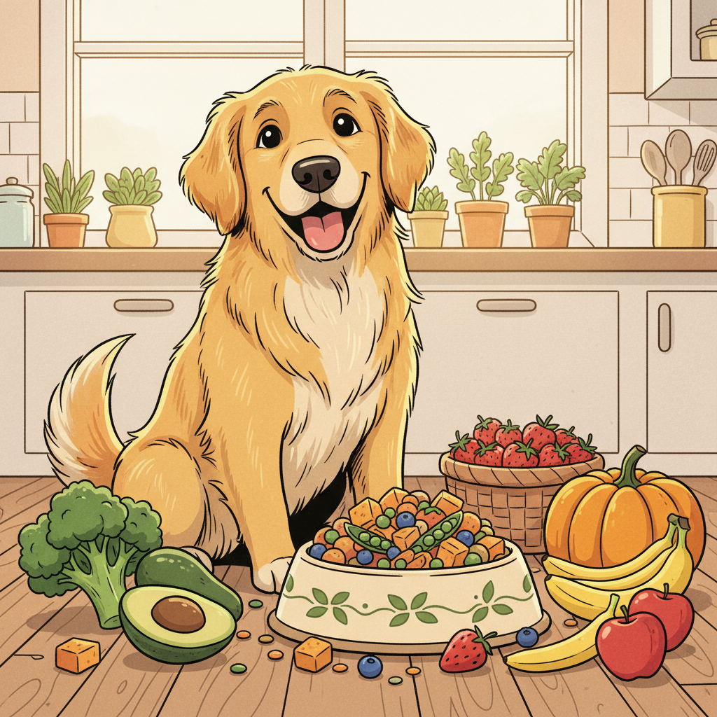 Veganes Hundefutter 2026: Gesunde Alternativen für deinen Hund | Pfotenmahl Fröhlicher Comic-Hund sitzt vor einer Schüssel mit frischem veganem Hundefutter, umgeben von pflanzlichen Zutaten wie Gemüse und Obst, in einem hellen, freundlichen Cartoon-Stil.