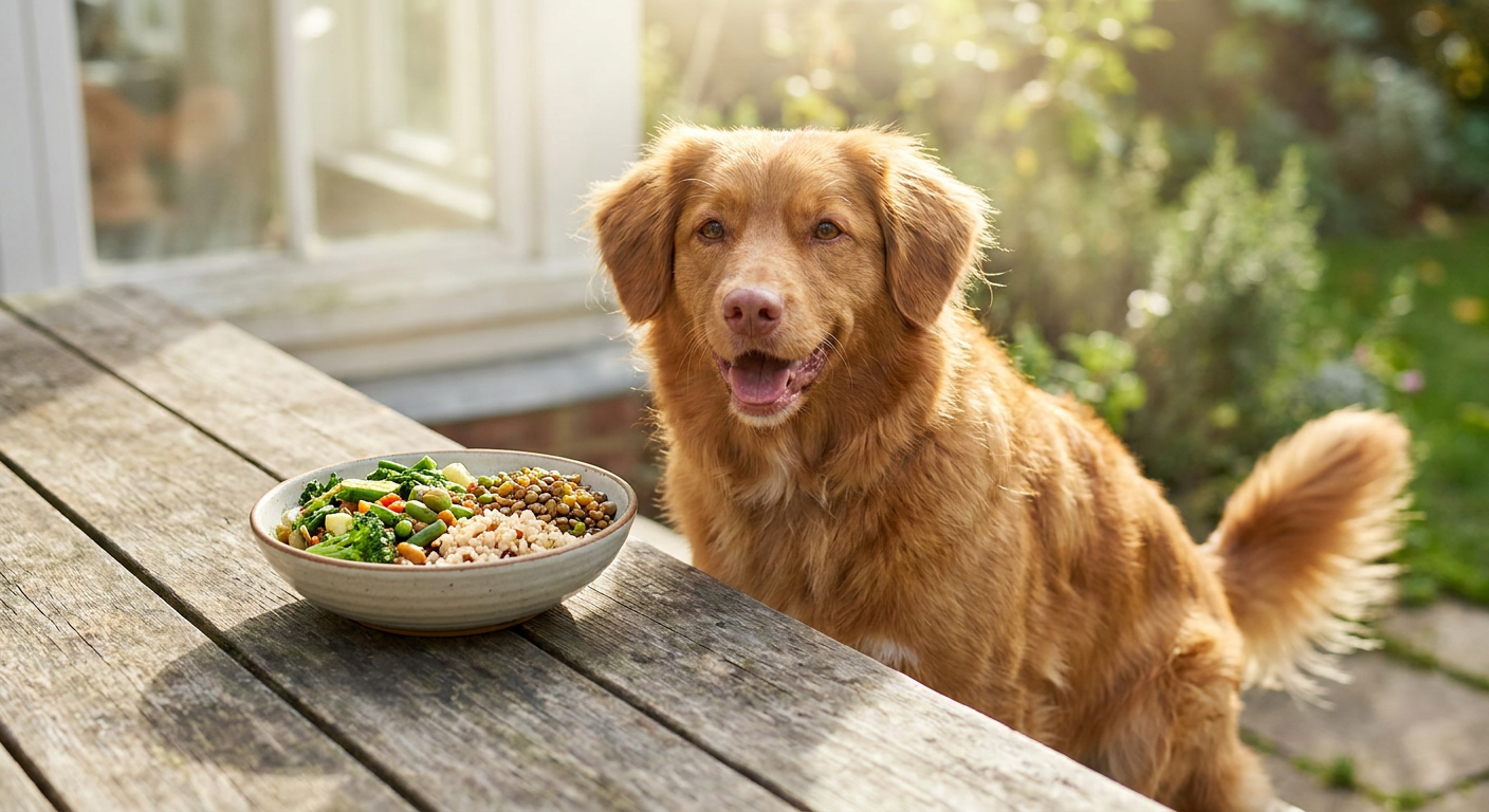 Glücklicher, gesunder Hund, der aus einer Schale mit frischem, veganem Hundefutter auf einem rustikalen Holztisch frisst, mit sanftem, natürlichem Licht.